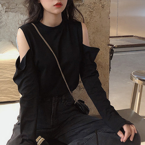 肩出しTシャツ レディース ナチュラル 無地トップス 肩見せ 薄手 カットソー ラウンドネック 長袖トップス シンプル 着やせTシャツ オープンショルダー 85YN-900246