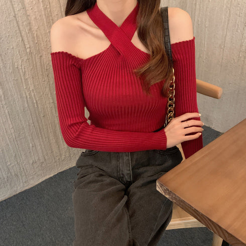 ニットトップス ホルターネック 肩出し レディース ニットウエア 肌見せ セクシー ニットセーター 着やせ 鎖骨見せ タイトニット 春秋 長袖トップス 無地 85YN-900248