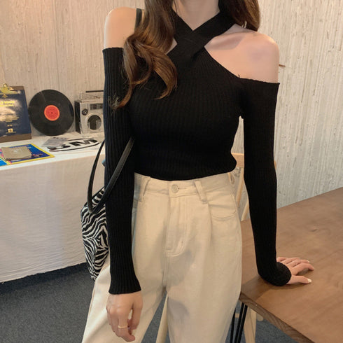 ニットトップス ホルターネック 肩出し レディース ニットウエア 肌見せ セクシー ニットセーター 着やせ 鎖骨見せ タイトニット 春秋 長袖トップス 無地 85YN-900248