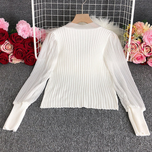 プリーツ リブニット トップス 異素材 レディース 袖切り替え リボンタイニットブラウス ボリューム袖 薄手 ニットソー フェミニン 無地 レイヤード風ブラウス 85YN-900249