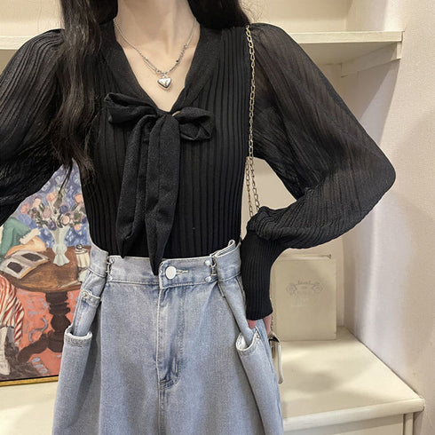 プリーツ リブニット トップス 異素材 レディース 袖切り替え リボンタイニットブラウス ボリューム袖 薄手 ニットソー フェミニン 無地 レイヤード風ブラウス 85YN-900249