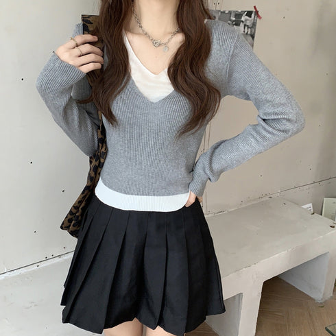 ニットトップスレイヤード風 ニットソー レディース バイカラー 重ね着風 ニットセーター Vネック 無地 お洒落 リブニット カジュアル 85YN-900250