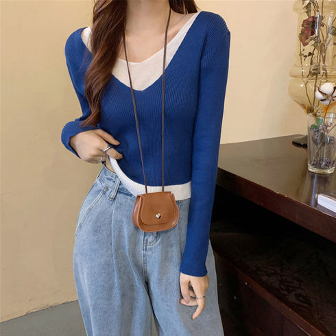 ニットトップスレイヤード風 ニットソー レディース バイカラー 重ね着風 ニットセーター Vネック 無地 お洒落 リブニット カジュアル 85YN-900250