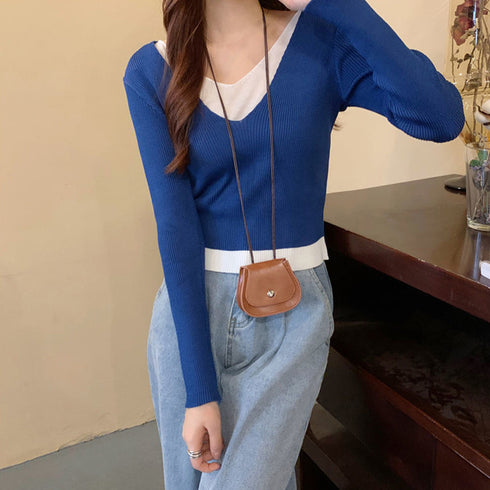 ニットトップスレイヤード風 ニットソー レディース バイカラー 重ね着風 ニットセーター Vネック 無地 お洒落 リブニット カジュアル 85YN-900250