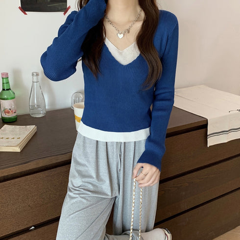 ニットトップスレイヤード風 ニットソー レディース バイカラー 重ね着風 ニットセーター Vネック 無地 お洒落 リブニット カジュアル 85YN-900250