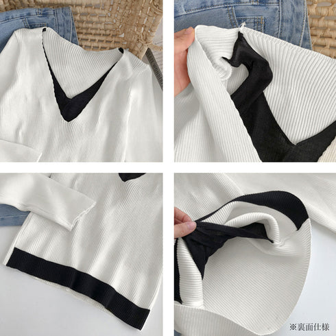 ニットトップスレイヤード風 ニットソー レディース バイカラー 重ね着風 ニットセーター Vネック 無地 お洒落 リブニット カジュアル 85YN-900250
