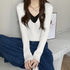 ニットトップスレイヤード風 ニットソー レディース バイカラー 重ね着風 ニットセーター Vネック 無地 お洒落 リブニット カジュアル 85YN-900250