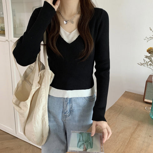 ニットトップスレイヤード風 ニットソー レディース バイカラー 重ね着風 ニットセーター Vネック 無地 お洒落 リブニット カジュアル 85YN-900250