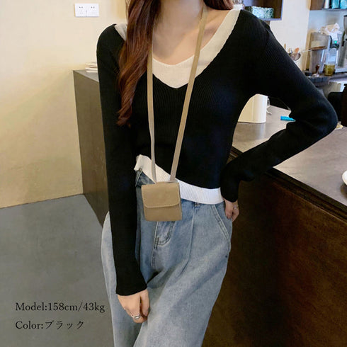 ニットトップスレイヤード風 ニットソー レディース バイカラー 重ね着風 ニットセーター Vネック 無地 お洒落 リブニット カジュアル 85YN-900250