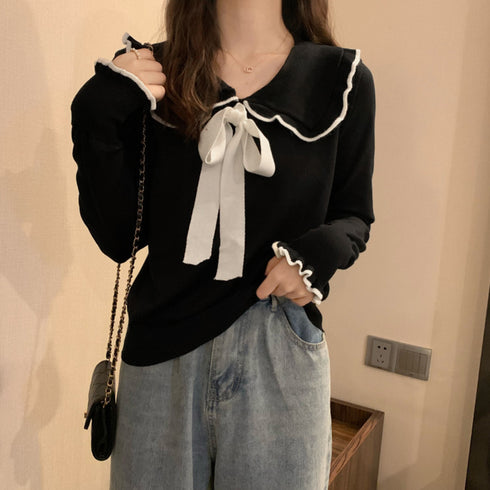 ニットトップス レディース リボン付き ニットセーター お洒落 大人可愛い ニットソー カジュアル 折り襟 ニットウェア 春秋 エレガント トップス 85YN-900252