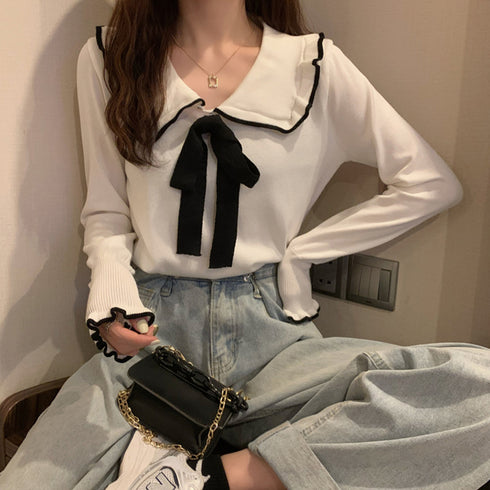 ニットトップス レディース リボン付き ニットセーター お洒落 大人可愛い ニットソー カジュアル 折り襟 ニットウェア 春秋 エレガント トップス 85YN-900252