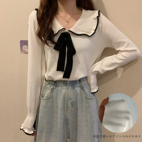ニットトップス レディース リボン付き ニットセーター お洒落 大人可愛い ニットソー カジュアル 折り襟 ニットウェア 春秋 エレガント トップス 85YN-900252
