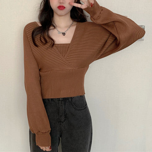 ニットトップス レイヤード風 韓国風 リブニット ボリューム袖 バックリボン ニットセーター ドッキング カシュクールニット カジュアル Vネック 85YN-900264