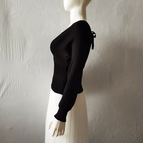 ニットトップス レイヤード風 韓国風 リブニット ボリューム袖 バックリボン ニットセーター ドッキング カシュクールニット カジュアル Vネック 85YN-900264