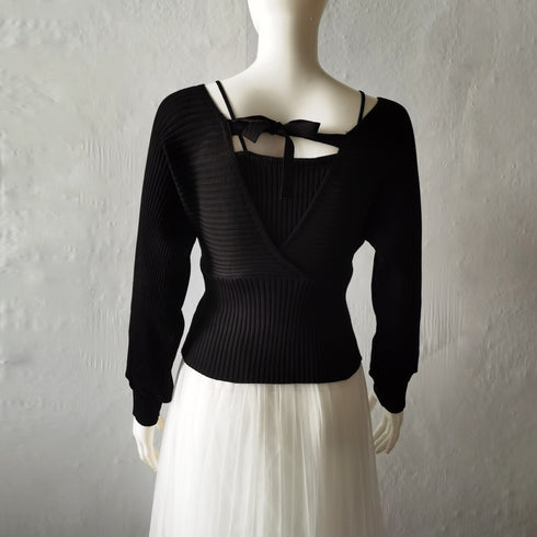 ニットトップス レイヤード風 韓国風 リブニット ボリューム袖 バックリボン ニットセーター ドッキング カシュクールニット カジュアル Vネック 85YN-900264