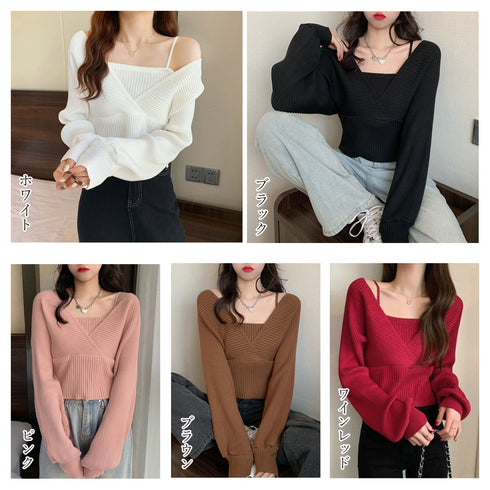 ニットトップス レイヤード風 韓国風 リブニット ボリューム袖 バックリボン ニットセーター ドッキング カシュクールニット カジュアル Vネック 85YN-900264