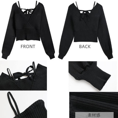 ニットトップス レイヤード風 韓国風 リブニット ボリューム袖 バックリボン ニットセーター ドッキング カシュクールニット カジュアル Vネック 85YN-900264