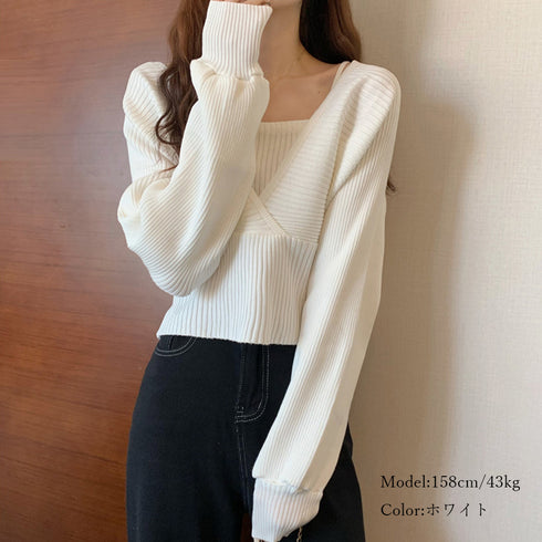ニットトップス レイヤード風 韓国風 リブニット ボリューム袖 バックリボン ニットセーター ドッキング カシュクールニット カジュアル Vネック 85YN-900264