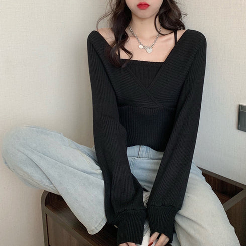 ニットトップス レイヤード風 韓国風 リブニット ボリューム袖 バックリボン ニットセーター ドッキング カシュクールニット カジュアル Vネック 85YN-900264