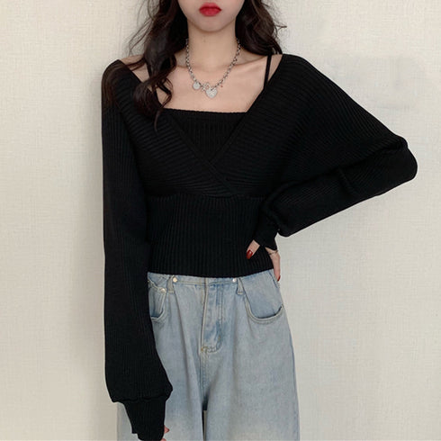 ニットトップス レイヤード風 韓国風 リブニット ボリューム袖 バックリボン ニットセーター ドッキング カシュクールニット カジュアル Vネック 85YN-900264