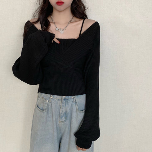 ニットトップス レイヤード風 韓国風 リブニット ボリューム袖 バックリボン ニットセーター ドッキング カシュクールニット カジュアル Vネック 85YN-900264