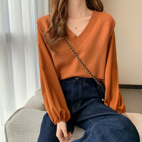 ニットトップス レイヤード風 異素材 ニットセーター ボリュームスリーブ 重ね着風ニットソー お洒落 ショート丈 ドッキング ニットブラウス 無地 85YN-900268