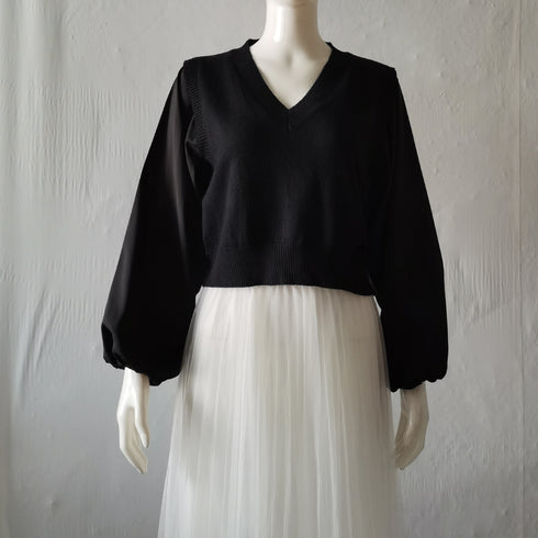 ニットトップス レイヤード風 異素材 ニットセーター ボリュームスリーブ 重ね着風ニットソー お洒落 ショート丈 ドッキング ニットブラウス 無地 85YN-900268