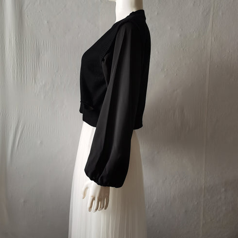 ニットトップス レイヤード風 異素材 ニットセーター ボリュームスリーブ 重ね着風ニットソー お洒落 ショート丈 ドッキング ニットブラウス 無地 85YN-900268