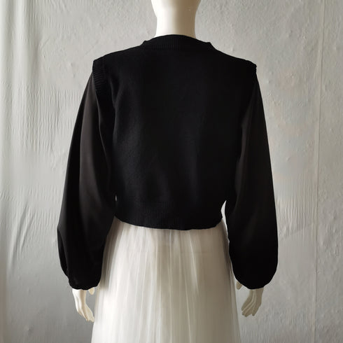 ニットトップス レイヤード風 異素材 ニットセーター ボリュームスリーブ 重ね着風ニットソー お洒落 ショート丈 ドッキング ニットブラウス 無地 85YN-900268