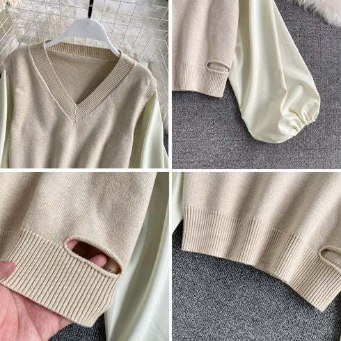 ニットトップス レイヤード風 異素材 ニットセーター ボリュームスリーブ 重ね着風ニットソー お洒落 ショート丈 ドッキング ニットブラウス 無地 85YN-900268