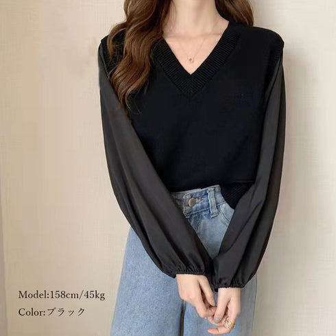 ニットトップス レイヤード風 異素材 ニットセーター ボリュームスリーブ 重ね着風ニットソー お洒落 ショート丈 ドッキング ニットブラウス 無地 85YN-900268
