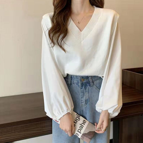 ニットトップス レイヤード風 異素材 ニットセーター ボリュームスリーブ 重ね着風ニットソー お洒落 ショート丈 ドッキング ニットブラウス 無地 85YN-900268