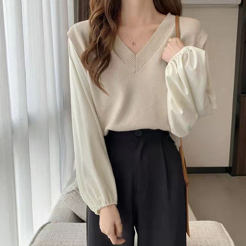 ニットトップス レイヤード風 異素材 ニットセーター ボリュームスリーブ 重ね着風ニットソー お洒落 ショート丈 ドッキング ニットブラウス 無地 85YN-900268