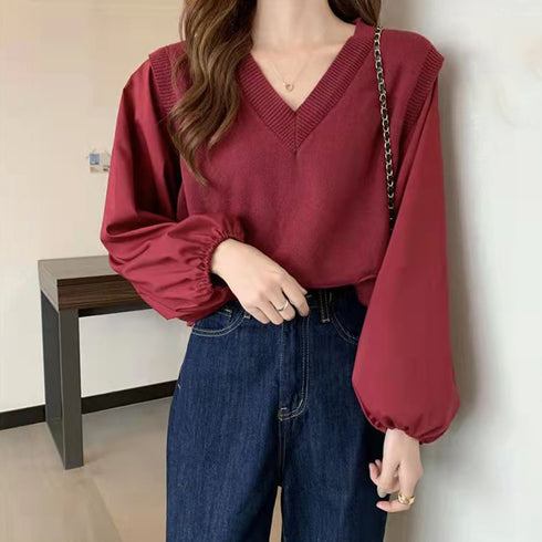 ニットトップス レイヤード風 異素材 ニットセーター ボリュームスリーブ 重ね着風ニットソー お洒落 ショート丈 ドッキング ニットブラウス 無地 85YN-900268