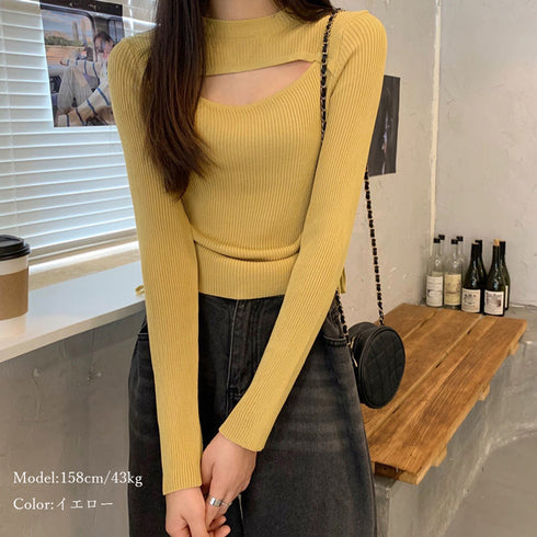 ニットトップス 胸開き ニットウエア セクシー フェミニン ニットセーター 胸見せ タートルネック ニットインナー 長袖 両サイドシャーリング ニットソー 85YN-900284