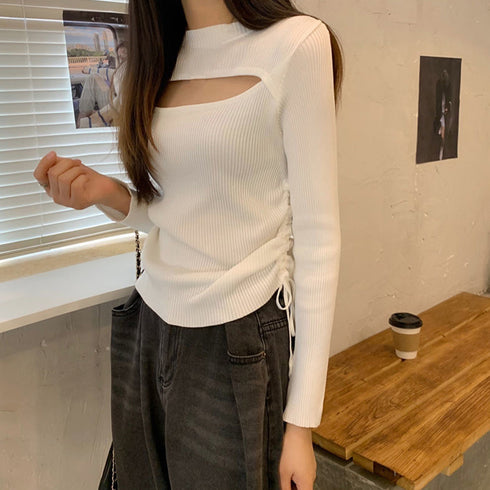 ニットトップス 胸開き ニットウエア セクシー フェミニン ニットセーター 胸見せ タートルネック ニットインナー 長袖 両サイドシャーリング ニットソー 85YN-900284