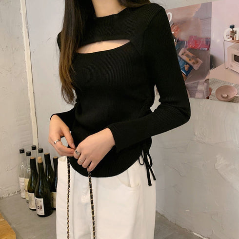 ニットトップス 胸開き ニットウエア セクシー フェミニン ニットセーター 胸見せ タートルネック ニットインナー 長袖 両サイドシャーリング ニットソー 85YN-900284