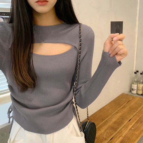 ニットトップス 胸開き ニットウエア セクシー フェミニン ニットセーター 胸見せ タートルネック ニットインナー 長袖 両サイドシャーリング ニットソー 85YN-900284