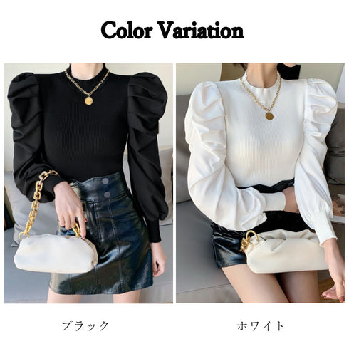 ニットトップス 重ね着風 リブニット ニットソー レディース ボリューム袖切り替えニット 異素材 トップス お洒落 長袖 85YN-900288