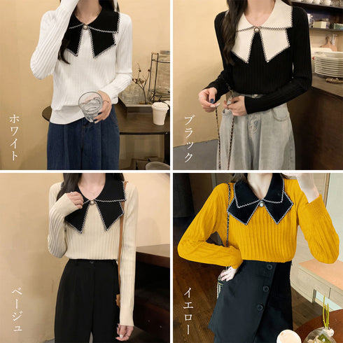 ニットトップス 襟付きニット 長袖 レディース きれいめ ニットセーター 秋冬 配色 ニットソー 着やせ ニットウェア プルオーバー エレガントトップス 85YN-900294