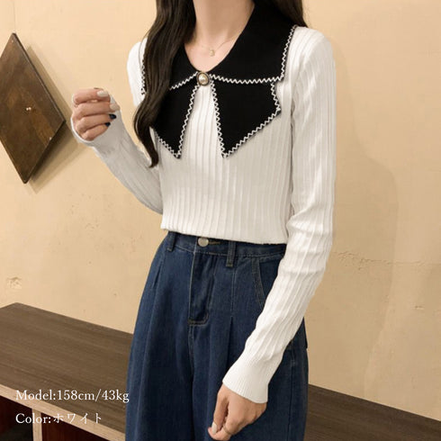 ニットトップス 襟付きニット 長袖 レディース きれいめ ニットセーター 秋冬 配色 ニットソー 着やせ ニットウェア プルオーバー エレガントトップス 85YN-900294