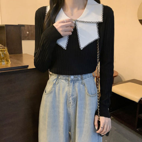 ニットトップス 襟付きニット 長袖 レディース きれいめ ニットセーター 秋冬 配色 ニットソー 着やせ ニットウェア プルオーバー エレガントトップス 85YN-900294