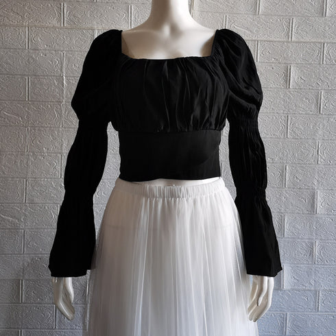 バックリボン ブラウス スクエアネック シャツブラウス 韓国風 へそ出し パフスリーブ シャツ 着やせ エレガント トップス 薄手 大人可愛い 85YN-900307