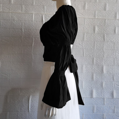 バックリボン ブラウス スクエアネック シャツブラウス 韓国風 へそ出し パフスリーブ シャツ 着やせ エレガント トップス 薄手 大人可愛い 85YN-900307