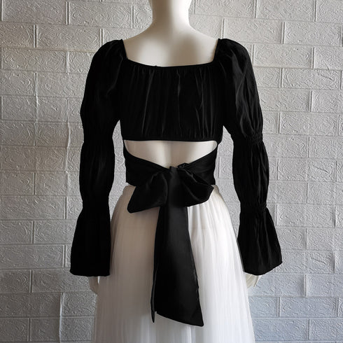 バックリボン ブラウス スクエアネック シャツブラウス 韓国風 へそ出し パフスリーブ シャツ 着やせ エレガント トップス 薄手 大人可愛い 85YN-900307