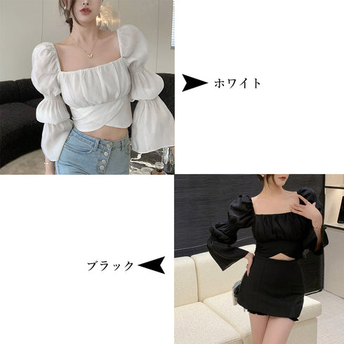 バックリボン ブラウス スクエアネック シャツブラウス 韓国風 へそ出し パフスリーブ シャツ 着やせ エレガント トップス 薄手 大人可愛い 85YN-900307