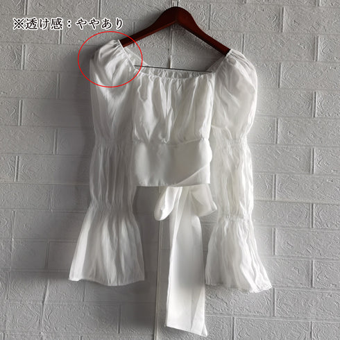 バックリボン ブラウス スクエアネック シャツブラウス 韓国風 へそ出し パフスリーブ シャツ 着やせ エレガント トップス 薄手 大人可愛い 85YN-900307