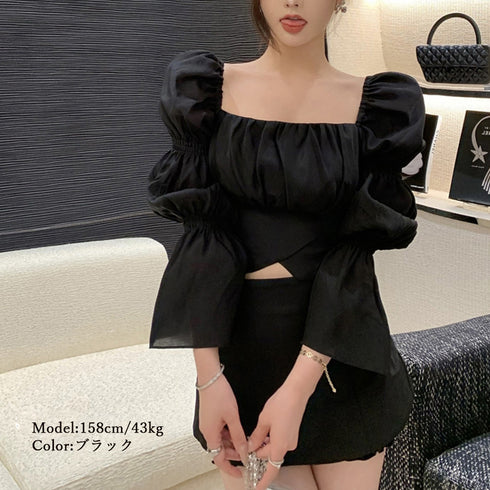 バックリボン ブラウス スクエアネック シャツブラウス 韓国風 へそ出し パフスリーブ シャツ 着やせ エレガント トップス 薄手 大人可愛い 85YN-900307