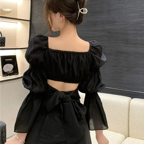 バックリボン ブラウス スクエアネック シャツブラウス 韓国風 へそ出し パフスリーブ シャツ 着やせ エレガント トップス 薄手 大人可愛い 85YN-900307