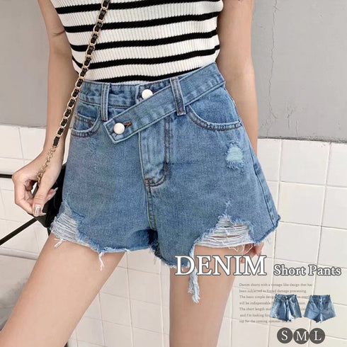 デニムショートパンツ レディース 韓国風 ダメージジーンズ ハイウエスト ホットパンツ カットオフ ボトムス 無地 ワイドパンツ ヴィンテージ デニム 短パン 85YN-900314